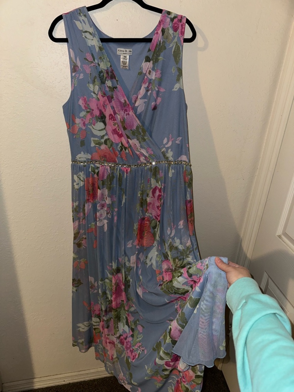 Alexa B Nites Floral Maxi Dress in Light Blue with Pink Floral Print